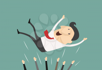 Successful businessman being thrown in the air by his colleagues at a celebratory party or on his retirement, cartoon vector illustration