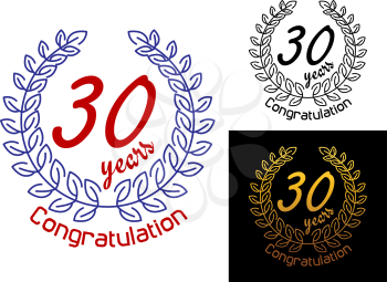 30 Years anniversary congratulations badges or emblems with the text enclosed in a circular laurel wreath, vector illustration