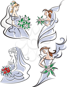 Bride holding bouquet of flowers. Vector sketch illustration fow wedding and marriage design