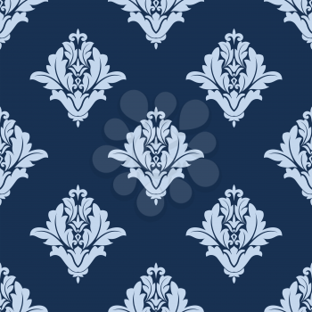 Blue floral arabesque damask seamless background pattern with a large repeat motif in light on darker blue