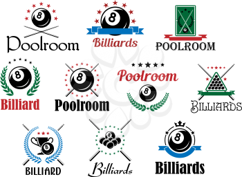 Various billiard game emblems and symbols set isolated on white with balls, crossed cues, laurel wreaths and decorative elements
