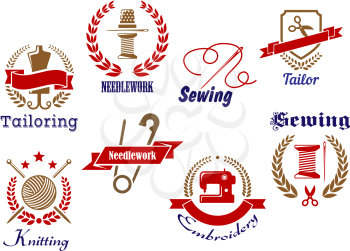 Icons, emblems, badges with symbols for tailoring, sewing, knitting, needlework and embroidery isolated on white background