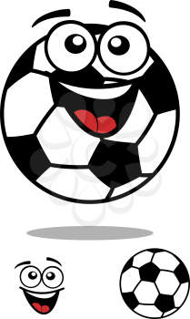 Laughing cheerful cartoon football or soccer ball characters with shadow on white background for sports design