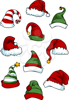 Clown, joker and Santa Claus cartoon hats set isolated on white for seasonal or comics design