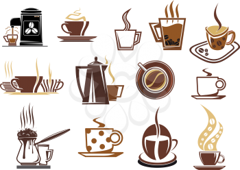Coffee icons for cafe and restaurant menu with varied cups of coffee, espresso, cappuccino, coffee beans, pot and coffee machine in brown and beige colors