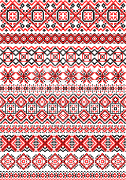 Geometric embroidery pattern in folk style with red, black and white ornaments  