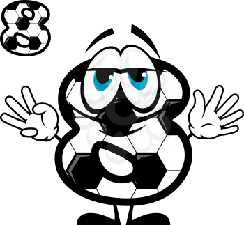 Cute cartoon number eight character coloring like football or soccer ball showing 8 fingers for sport competition design