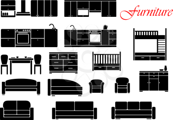 Assorted silhouette home furniture with chair, bed, table, kitchen, sofa and chest