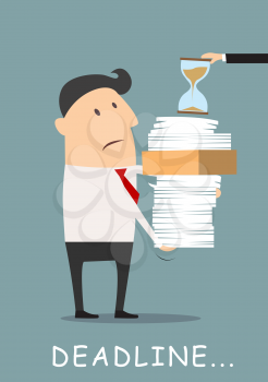 Deadline concept. Cartoon businessman carrying many reports with hour glass on top