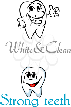 Clean and healthy cartoon teeth characters with shining toothy smiles and captures White And Clean, Strong Teeth for dental hygiene concept design