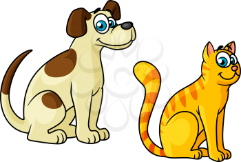 Cute happy cartoon cat and dog pets, both sitting sideways looking at the camera with large blue eyes