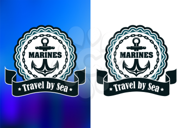 Retro marines round label or badge depicting anchor in the middle of stamp frame encircled chain and ribbon banner with text Travel By Sea on blue blurred and white background