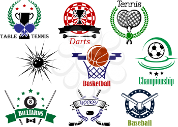 Team sports emblems and logo for football or soccer, ice hockey, darts, basketball, billiards, tennis, bowling, baseball, table tennis with sporting equipments and heraldic design elements