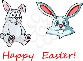 Easter greeting card showing sweet cartoon bunnies with long pink ears and cute little tail isolated on white background decorated red caption Happy Easter