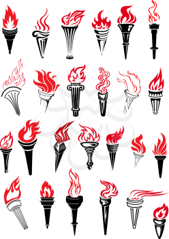 Ancient torches with red hot fire flames in outline sketch style for sporting competition or championship design