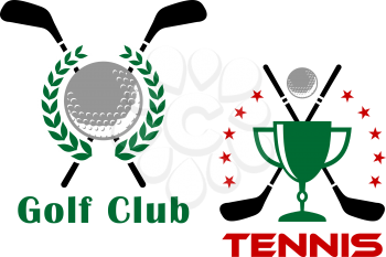 Golf club heraldic logo or emblems depicting golf balls and trophy cup with crossed putters bordered laurel wreath and stars for competition or tournament design