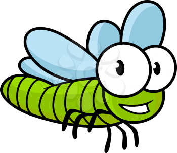 Cute little kids cartoon flying dragonfly with a green body and large googly eyes, isolated on white