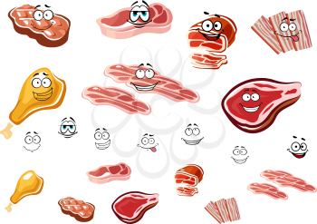 Cartoon cuts of various meats with happy smiling faces with a second set with no smiles and separate elements