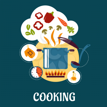 Cooking flat infographic depicting vegetable soup preparation with pan on fire, ladle, olive oil, timer, potholder and vegetable ingredients: carrot, mushroom slices, bell pepper, herbs
