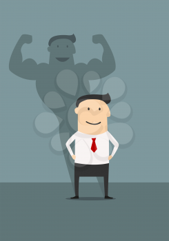 Cartoon businessman character with hands on waist standing along the wall with shadow that showing powerfull muscular man suitable for potential and motivation business concept design