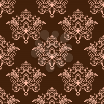 Vintage floral seamless pattern with contoured pink flowers in traditional persian paisley style on dark brown background