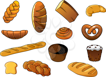 Cartoon fresh bakery products design elements depicting loaves of white and brown bread, long loaves, baguette and sweet cinnamon bun, croissants, plaited loaves with poppy seeds, cake with raisins an