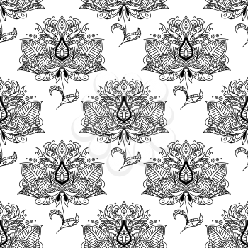 Black and white indian stylized floral seamless pattern background decorated with ethnic paisley ornaments, drops and swirls suited for textile or lace embellishment design