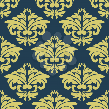 Vintage yellow foliate seamless pattern with bold damask stylized leaves compositions on blue background for textile or wallpaper design