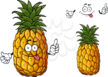 Happy cartoon pineapple fruit character sticking out its tongue waving a hand and pointing above with a second plain variant with extra elements