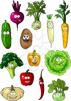 Happy carrot, cucumber, potato, cabbage, bell pepper, chilli, broccoli, beet, pattypan, kohlrabi, radish cartoon characters for vegetarian or healthy nutrition concept design