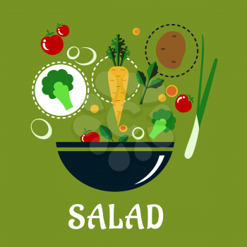 Cooking salad concept in flat style showing a deep bowl with fresh whole and sliced vegetables including potato, cherry tomatoes, green onion, broccoli, parsley and condiments on pale green background