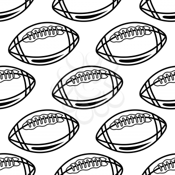 Seamless pattern of outline rugby balls with pointed ends and lacing on white background for textile or sports design