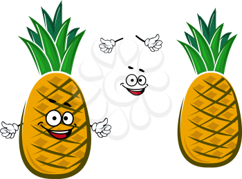 Ripe cartoon yellow tropical pineapple fruit character with green tuft of short tight leaves on the top for healthy nutrition or dessert  design