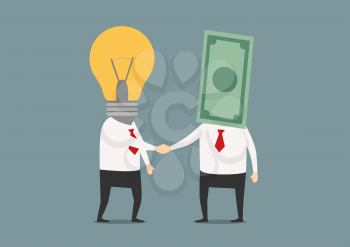 Handshake of cartoon businessmen with idea head and dollar head, suited for partnership or cooperation concept design