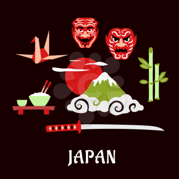 Japan travel flat concept with Fujiyama mountain in clouds and big red sun surrounded by symbols of japanese culture including katana samurai sword, bamboo sprouts, bowl with rice and chopsticks, orig