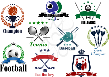 Sporting icons and emblems with football, soccer, basketball, billiards, tennis, bowling, baseball, table tennis, darts heraldic elements