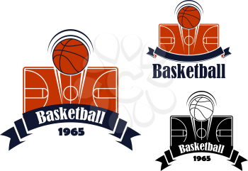 Basketball game sporting symbol or emblem with flying ball over the area or court