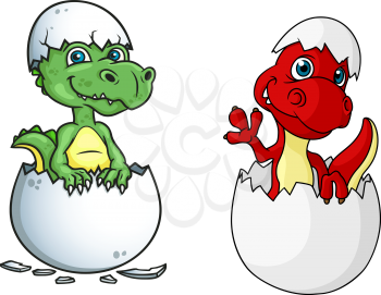 Cute little baby cartoon dinosaurs characters, one red and one green, hatching out of eggs