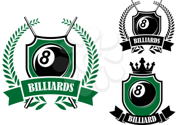 Eight ball billiards or pool emblem with crossed cues, black ball, crown and laurel wreath