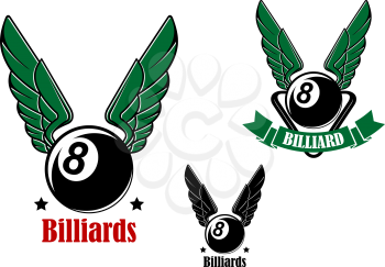 Winged eight billiard or pool ball isolated on white background for sports or club symbol design
