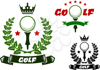 Golf ball on tee for sporting emblems or badges design, framed by laurel wreath and ribbon banners with stars and crown on the tops in green, red and black colors 