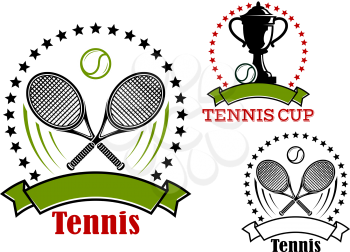 Tennis game emblems or logo design with tennis balls, crossed rackets and trophy cup framed by stars and blank ribbon banners 