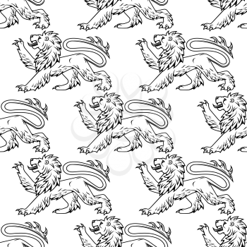 Heraldic lions seamless pattern with outline profiles of lions with raised foreleg on white background for textile or heraldry design