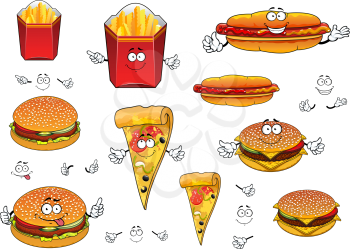 Cartoon cute fast food characters with french fries box, pizza slice, hotdog with ketchup and mustard, hamburger and cheeseburger for takeaway food design