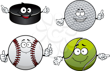 Cheerful sporting balls and puck cartoon characters with items of ice hockey, golf, tennis and baseball for sports team or club mascot design