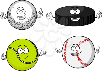 Happy golf, tennis, baseball balls and ice hockey puck cartoon characters for sporting mascot design