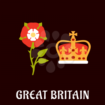 National heraldry symbols of Great Britain in flat style with Tudor rose and coronation st Edwards crown on burgundy background with caption