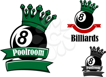 Crowned black billiards or pool balls sporting emblems with green and red ribbon banners, headers Poollroom and Billiards