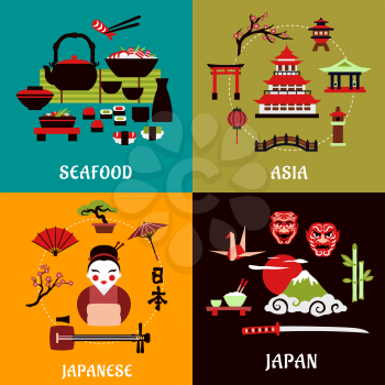 Japanese culture, history and cuisine flat designs with seafood menu, asian architecture, costume, musical and theatre symbols, nature landscape, bonsai and origami arts
