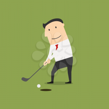 Successful businessman golfer putting ball into a hole on the gold field. Cartoon flat style
